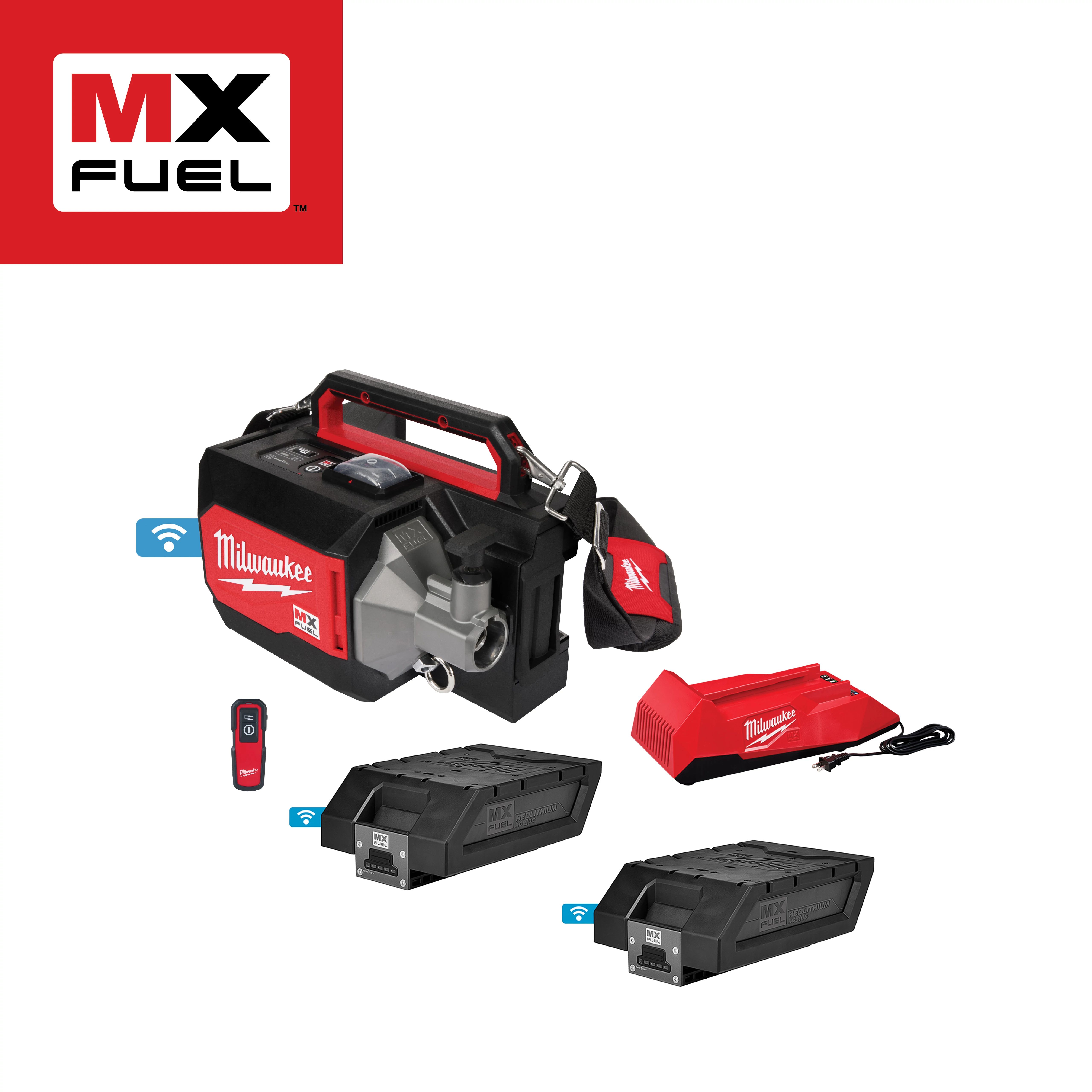 MX Fuel Milwaukee tool kit including power pack, charger, two batteries, remote control, and carrying case