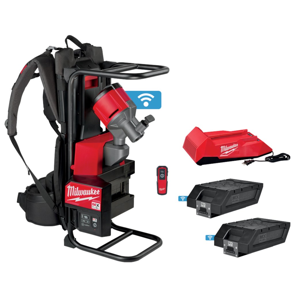 Red and black Milwaukee MX Fuel backpack blower system with charger, batteries, and remote control