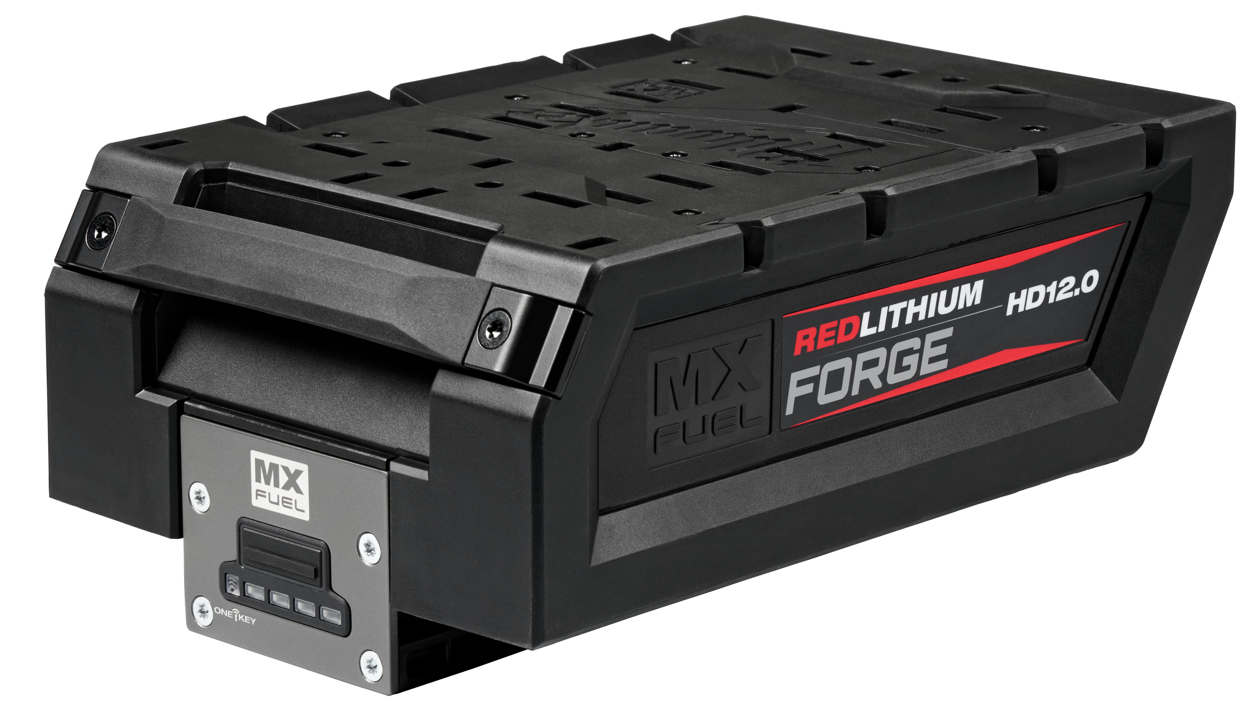Black MX Fuel RedLithium Forge HD12.0 battery with handle and LED charge indicator